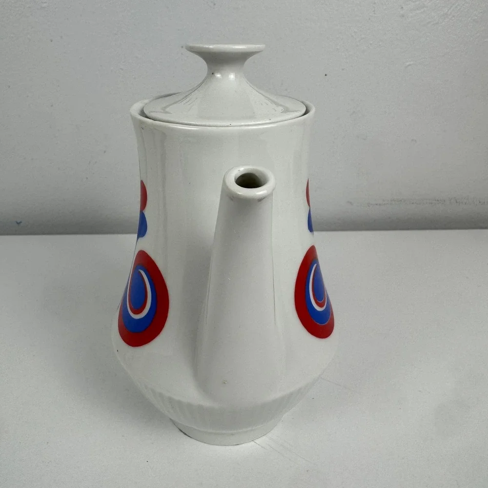 Vintage Colditz Porcelain Coffee Pot GDR East Germany Red Blue MCM‎ Ceramic Lid